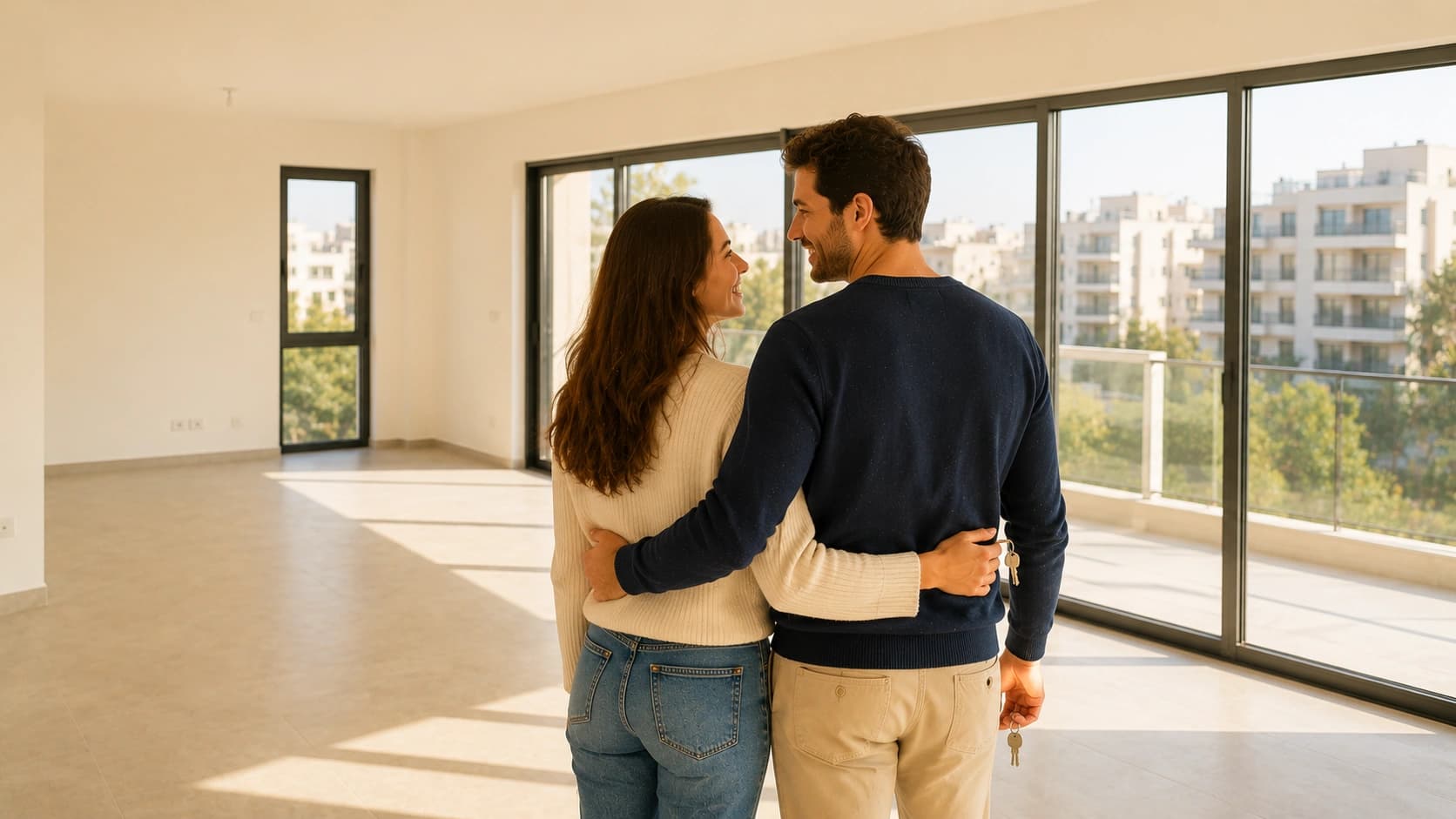 זוג עומד בדירה ריקה ומחזיק מפתחות, ברגע של החלטה משמעותי בתהליך קניית הדירה הראשונה שלהם