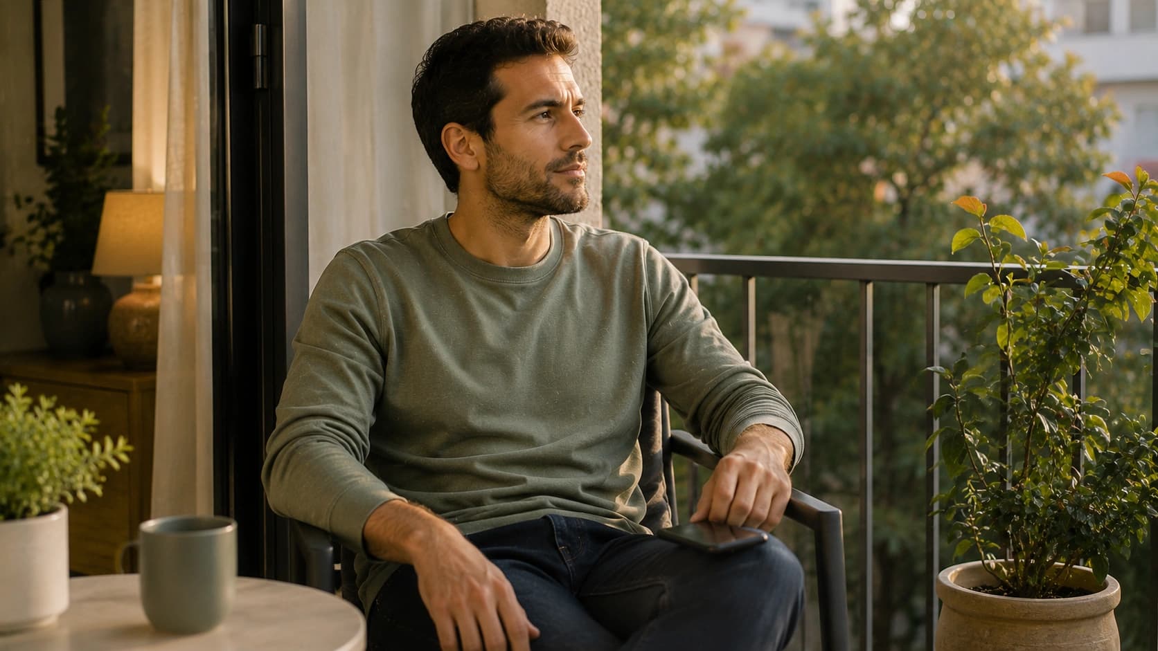 גבר יושב במרפסת ומביט בהרהור לאחר קבלת סירוב למשכנתא מהבנק, ושוקל את הצעד הבא