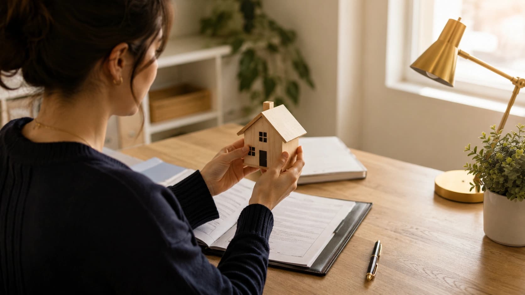 אישה מחזיקה דגם קטן של בית מעל שולחן עבודה עם מחברת ולוח רישום, כסמל להגנה שביטוח המשכנתא נותן על הנכס