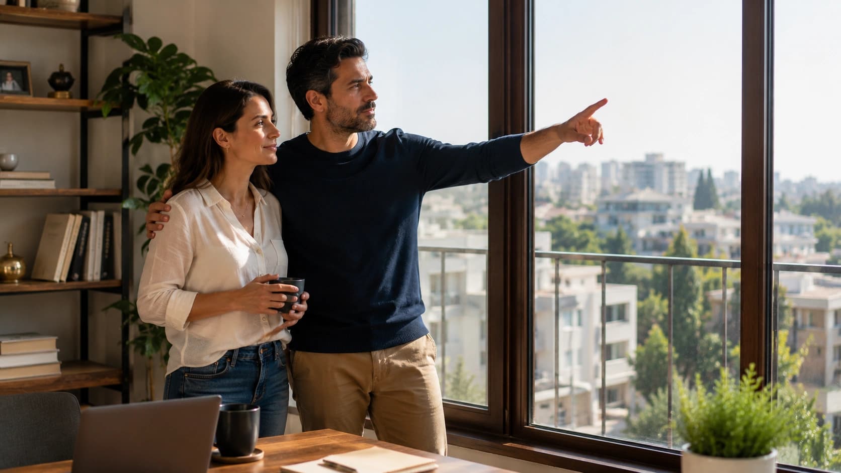 זוג עומד מול חלון ומביט לעבר הנוף העירוני, מתכנן כיצד קיצור תקופת המשכנתא יקדם אותם לעבר סיום ההלוואה מוקדם יותר